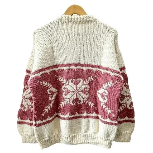 Hand Knit Fair Isle Sweater Chunky Oversized Crewneck Pullover Cream Pink Medium - Picture 15 of 16